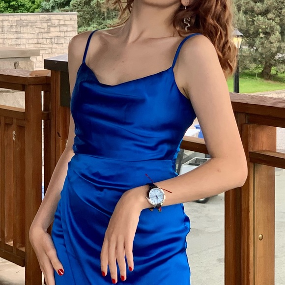 ZARA cobalt blue satin effect ruched draped mini dress Sz XS worn only once - Picture 4 of 7